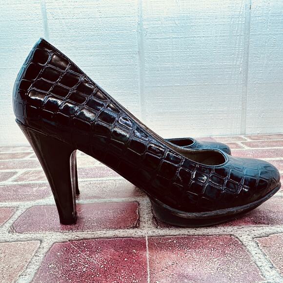 Women's Size 7 Black Faux Croc Skin 3.5" High Heel Slight Platform Classic Pumps - Picture 14 of 16